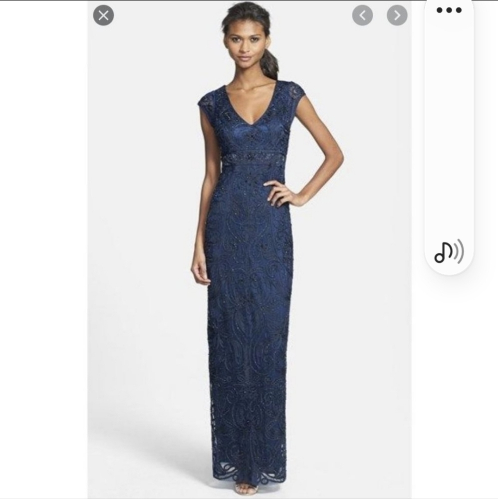 Sue Wong Navy Blur Sequin Embellished Illusion Back Long Gown size 12